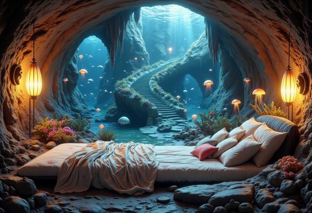 a subterranean cavern, accessed via a concealed entrance somewhere within the concrete jungle of a modern metropolis. Descending a spiraling staircase carved from solid limestone, one finds oneself standing at the base of a tremendous monolith of polished basalt, roughly the shape of a giant clam shell.
Upon this megalith reposes a plush mattress, layered with silken sheets printed with intricate designs resembling scallops and fan shells. Plump pillows embroidered with pearl-thread motifs invite weary visitors to sink into luxurious repose.
Overhead, luminaires shaped like pulsating jellyfish emit a mesmerizing kaleidoscope of color, shifting gradually through the spectrum from cool blues to warm amber hues. Their light filters down through the watery medium of the aquarium tanks lining the walls, causing schools of exotic fish to swim languidly among coral formations imported from the reefs of the South Pacific.
Through arched portholes framed in mother-of-pearl, one catches tantalizing glimpses of the teeming streets and skyscrapers of the city above, their steel-and-glass facades reflecting the dancing illumination of the submerged boudoir.
concept-art, fantasy, beautiful, painterly, detailed, textural, artistic, 
beautiful, painterly, detailed, textural, artistic, aesthetic, intricate details, highly detailed, ultra-detailed, absurdres, unreal engine, octane rendering, high saturation, high contrast, vivid, vibrant, volumetric lighting, 
CozySpookyStyle, aidmaMJ6.1