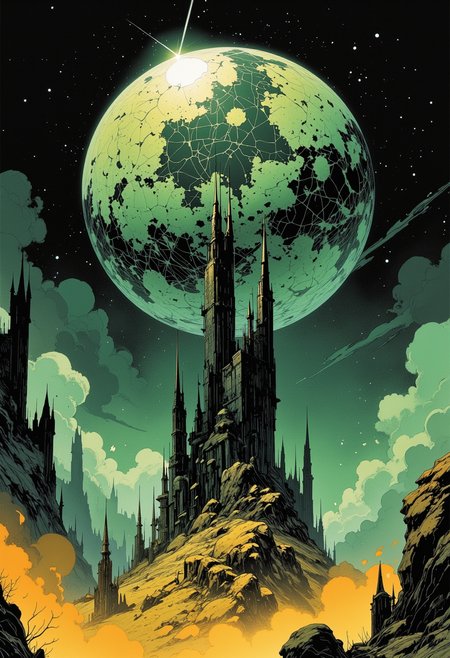 Towering obsidian spires piercing a swirling amber mist, each surface smooth, polished, and reflecting flecks of radiant green light. Above, an immense, fractured mirror disk, shards slowly rotating against a deep slate sky, refracting faint glimmers of silver. Abstract architecture, digital art, hyper-detailed, surreal elegance, low light.,  <lora:models\Flux\Comic book V2:1.5> in style of comic book,,