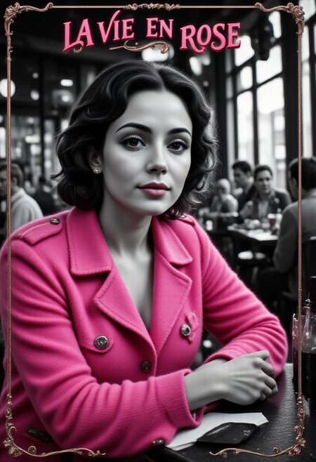 aidmaTextImprover,Hand,aidmaMJ6.1,Detailed skin,A black-and-white movie poster featuring a woman resembling Edith Piaf, with short, curly dark hair and expressive eyes. She wears a bright pink coat and sits at an outdoor bar terrace. Her gaze is emotional and direct. The title "LA VIE EN ROSE" is displayed in elegant French typography at the top.
