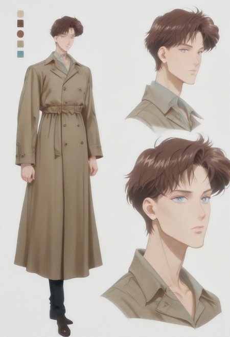 highres, hi res, best quality, masterpiece, intricate details, 4k, absurdes, anime style, detailed features, semi-realistic, painted style, detailed style, ((1boy)), ((solo)), [mamoru_chiba], (handsome anime guy), (beautiful face), [Crystal Movies Style], (alone), ikemenboys, CharacterDesignIllustrious, reference sheet, simple white background, (color guide:1.2), (multiple views), (full body), dynamic pose, well-defined features, Realistic facial features, [sharply defined jawline], 1nverness_c0at, long coat over dress shirt and slacks, loose-fitting clothing, [overdressed], [[scarf]], [clean-cut], [[fashionable]], detailed eyes, big anime eyes, (beautiful light blue eyes), piercing blue eyes, [glistening eyes], perfect eyes, glitter eyes, sparkling eyes, (high-placed eyes), [pointy chin], angular features, (sharp chin and jawline), sharp features, realistic features, defined features, bangs, detailed hair, short hair, (dark brown hair), (darker hair color), streak of grey hair, attractive features, [masculine], [weak], [frail], (high and narrow features), narrow shoulders, [stubble], [pointy nose], attractive, long features, [natural eyeliner], [popular guy], oval face, long face, detailed inner cheeks, sunken cheeks, strong cheekbones, dreamy, (handsome), [skinny], lanky, thin, small mouth, thin lips, (handsome ikemen), Caucasian, white, pinkish-pale skin, gaunt appearance, perfect face, [pretty boy], (handsome face), (gorgeous face), [manly face]