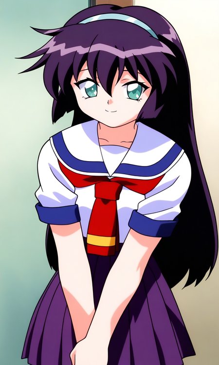 general,highres, ultra-detailed,very aesthetic,best quality ,best hands, BREAK  <lora:Amano_Misao_Pretty_Sammy_IS:1>
Amano_Misao, 1girl, solo, purple hair, long hair, bangs,  light blue hairband, green eyes,  hair between eyes, 
school uniform, purple skirt, short sleeves, pleated skirt, 
sailor collar, red neckerchief,
v arms, 
smile,looking at viewer, cowboy_Shot,