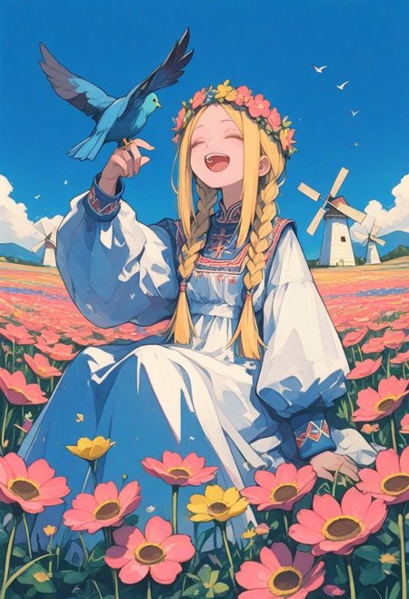 1 girl , solo , russian traditional dress , puffy sleeves , flower crown ,Hair Wreath , braided hair , twin braid , side braid , long hair , cheerful , happy , flower field , surreal , sunny , blue sky , flower ,closed eye , sitting , singing , music note , windmill faraway , bird  , bird on hand ,
masterpiece, best quality ,amazing quality ,S4bit4mago_illu , xxx667_illu ,Protoneon  , ma1ma1helmes_b_illu,