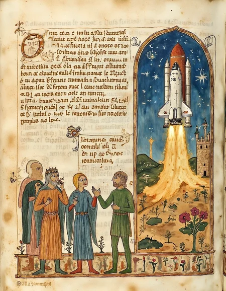 Illuminated manuscript illustration of people watching the medieval space shuttle starting. castle in background. Latin script annotations