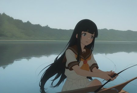 score_9, score_8_up, score_7_up, 1girl, kaju, sailor collar, serafuku, short sleeves, black hair, long hair, fishing, lake