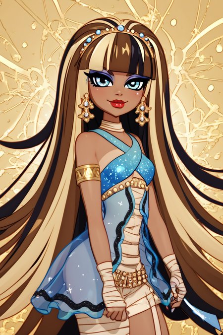 score_9, score_8_up, score_8, medium breasts, (curvy), cute, eyelashes,       BREAK, ,  zzCleo, long hair, multicolored hair, dark skin, blunt bangs, bangs, two-tone hair, black hair, blonde hair, streaked hair, eyeliner, very long hair, brown hair,  makeup, lipstick, bandages, jewelry, earrings, eyeshadow, dress, armlet, red lips, <lora:Cleo_MH_PDXL:0.8>,  , BREAK, smile, closed mouth, looking at viewer, cowboy shot,  ,,, embedding:zPDXL, Expressiveh, ,,, <lora:MantisStyle_PDXL_v2:0.8>, <lora:SDXLFaeTastic2400:0.5>, <lora:Expressive_H-000001:0.4>,