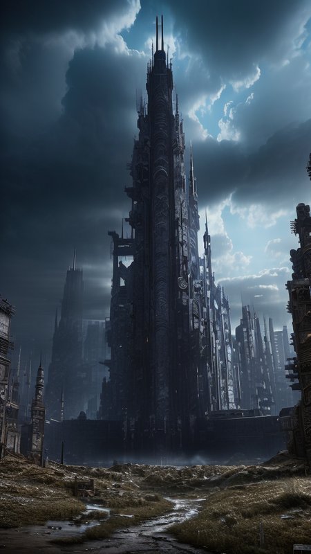 Techwear fashion, 
Dystopian style, 
Masterwork Painting, Magnum Opus, 
 <lora:Wizard_Tower:0.75> witow, castle, cloud, cloudy sky, grass, no humans, scenery, sky, tower, tree, 
<lora:Fantasy_Mountains:0.75> fanmou, footprints, forest, grass, nature, no humans, outdoors, sky ,
  highres, 8k, uhd, High Dynamic Range, tonemapping, crisp details,  intricate details, fine details,
. Bleak, post-apocalyptic, somber, dramatic, highly detailed,
. Futuristic, cyberpunk, urban, tactical, sleek, dark, highly detailed