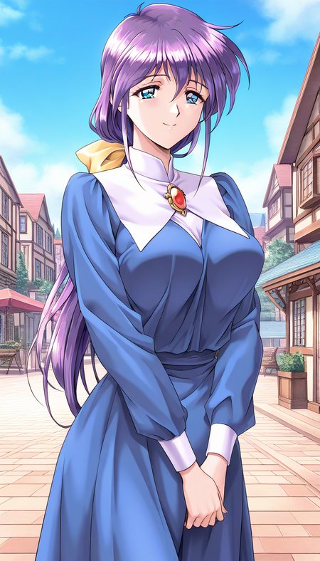masterpiece, best quality, good quality, <lora:Kitazawa_Yukie_IS:1>Kitazawa_Yukie, solo, purple hair, large breasts, blue eyes, hair bow, yellow bow, low ponytail, 
1girl, solo, red brooch, red jewelry, blue long sleeves, smile, day, outdoors, town, sky, game cg style,
Show less
1990s (style),