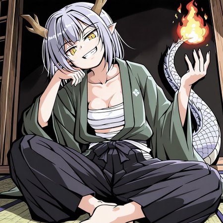 lazypos, girl focus, horns, sarashi, tail, solo, pointy ears, yellow eyes, 1girl, barefoot, smile, sitting, japanese clothes, dragon tail, looking at viewer, fire, grin, long sleeves, collarbone, head tilt, dragon horns, chest sarashi, open clothes, grey hair, fingernails, dragon girl, slit pupils, hakama, pants, hand up, wide sleeves, tsuzustyle