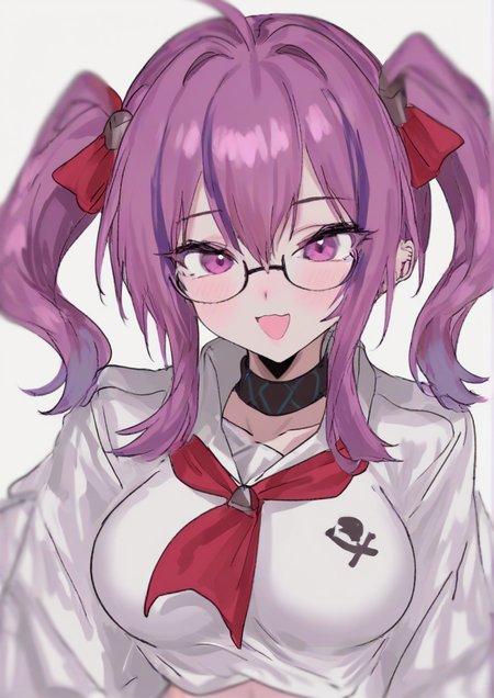 1girl,breasts, glasses, hair between eyes, large breasts, long hair, looking at viewer, navel, neckerchief, open mouth, purple eyes, purple hair, red neckerchief, school uniform, shirt, sportswear, twintails, white shirt <lora:mm___0422mm_style:1>