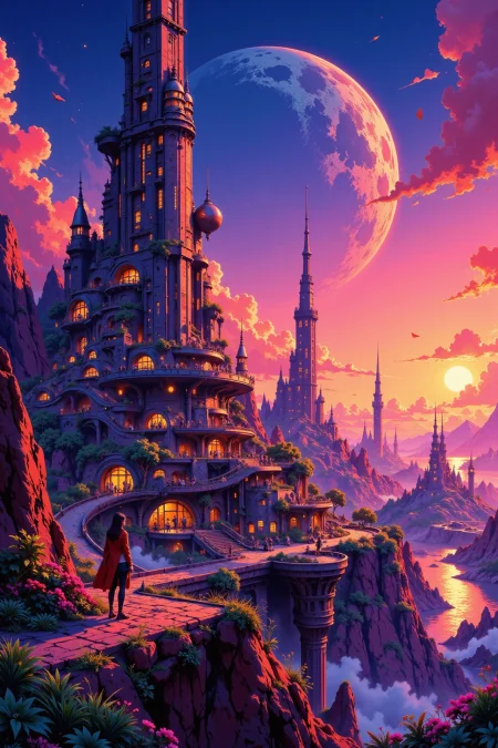 A futuristic city on a distant planet beautiful landscape, sunset, woman, very intricate, very detailed, sharp, bright, colorful, <lora:Hand v2:0.5> <lora:Anti-Blur:1><lora:Insane Detail Slider:0.25>  <lora:flux.1_lora_flyway_Epic-detail_v2:0.3> <lora:fluxenhancer:0.25> <lora:ROWER:0.6> <lora:flux-charmer-v1-1:0.4> <lora:Vibrantly_Sharp_style_v.5:0.4> <lora:Flux_Anime_Retro_Style:0.8> retroanime