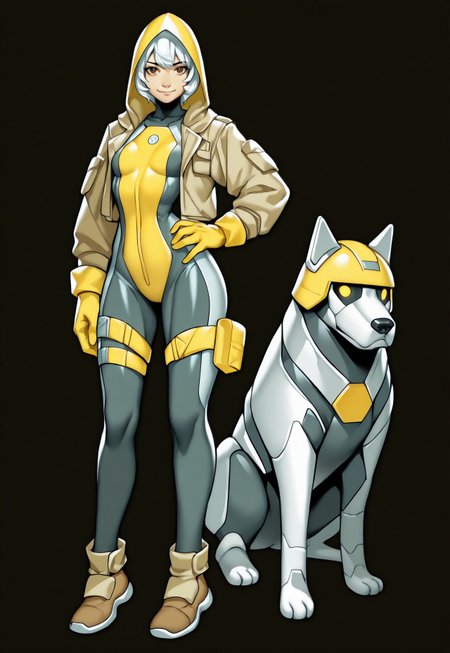 safe_pos, masterpiece, very aesthetic, absurdres, C0M1C5 Style, standing, white hair, long sleeves, open clothes, weapon, black background, hand on hip, helmet, simple background, shoes, bodysuit, looking at viewer, yellow headwear, jacket, gloves, brown footwear, brown eyes, solo, closed mouth, robot, yellow gloves, smile, small breasts, full body, dog, thigh strap, 1girl, short hair, open jacket, hood