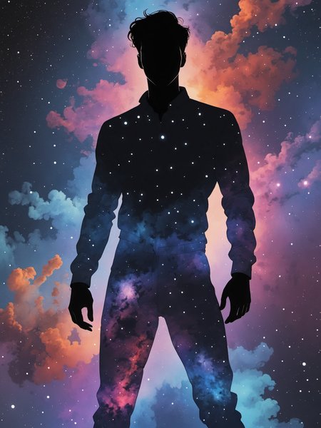a handsome man, full body selfie, silhouette, illustration, nebula, space