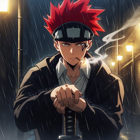 masterpiece, best quality, amazing quality, absurdres, newest, detailed background, definition so sharp, Ultra-HD, 8K cinematic, very awa, impressionate, amazing quality, highres, 
solo, male focus, manly, 
1boy, d0tb_red hair, d0tb_brown eyes, d0tb, spiked hair, facial tattoo, headband, smoking, smoke,
serious expression, hand on sword hilt, protective stance, looking to side, rain, night, streetlights, cool, determined, hot-blooded, watchful