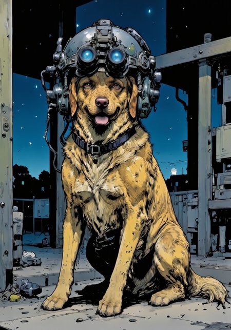 detailed digital illustration upper body shot of young woman n0ds featuring a high tech military helmet equipped with a dual-tube optical device. , A golden retriever sitting obediently on a porch, wearing a dog-sized modern military helmet. The helmet is sleek and black, with a comfortable padded interior for the dog's head. The helmet features two night vision gogglesâshort black tubes with glowing blue lensesâthat are flipped down over the dog's eyes, enhancing its vision in the dark. The blue glow from the goggles contrasts with the dog's golden fur, giving it a somewhat futuristic appearance. The helmet also has a small communication device, its wires tucked neatly behind the dog's ears. The golden retriever sits patiently, its tail wagging slightly, the blue glow from the goggles adding a surreal element to the quiet night scene., at night,, Colored JJK Manga Style, (Mangaka style:0.5)<lora:n0ds_epoch_23.safetensors:1.0:1.0> <lora:Jujutsu_Kasien_Colored_Manga-000001.safetensors:1:1> <lora:Mangaka V2.safetensors:0.5:0.5>