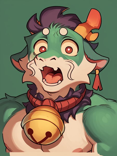 score_9, score_8_up, score_7_up, high quality, hires, male, solo, meesh, by meesh, anthro, furry, shock, open mouth, red eyes, bell, topless, looking at viewer, <lora:Greene:1>, <lora:Meesh_Style_B:0.8>