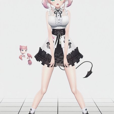 open mouth, white socks, sitting, green eyes, simple background, tail, head out of frame, skirt, upper body, looking at viewer, shirt, virtual youtuber, standing, pink hair, bangs