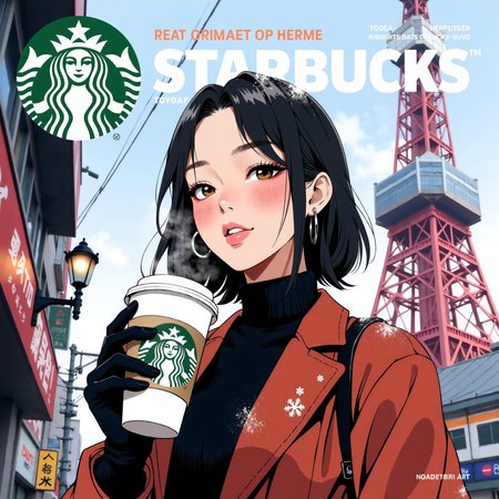 anime_martz, magazine_style, mythp0rt, magazine_cover, fashion cover for starbucks,  A stylish urban woman, dressed impeccably in winter fashion, stands under the iconic Tokyo Tower on a crisp winter day. She cradles a steaming cup of Starbucks coffee, the Starbucks logo prominently displayed on the cupâs sleeve. Her expression radiates happiness and warmth, her smile soft and carefree as she enjoys the moment. The backdrop of Tokyo Tower, dusted with winterâs chill, adds a touch of urban sophistication to the scene. The overall vibe is cozy yet fashionable, with the cold season juxtaposed against the warmth of her drink and the chic city setting. The Starbucks logo and brand name take center stage as the magazineâs title, integrating seamlessly with the fashionable design of the cover, emphasizing the connection between style, urban living, and the comforting indulgence of a hot coffee<lora:anime_martz:0.9> <lora:magazine_cover2_flux:0.6> <lora:FluxMythP0rtr4itStyle:0.4> <lora:Halftone_Flux:0.3>