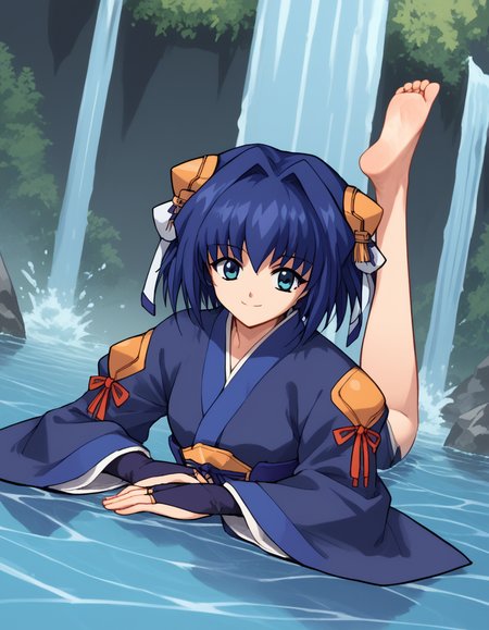 score_9, score_8_up, score_7_up, source_anime, <lora:daiakuji-yume-ova-ponyxl-lora-nochekaiser:1>, yume, short hair, blue eyes, hair ornament, blue hair, hair intakes, ribbon, hair ribbon,, long sleeves, japanese clothes, bridal gauntlets,, waterfall, water, rocks, plunge, spray, smile, <lora:the-pose-ponyxl-lora-nochekaiser:1>, the pose, on stomach, feet up, lying, soles, feet, legs up, head rest, barefoot, looking at viewer, solo,, dutch angle, cowboy shot