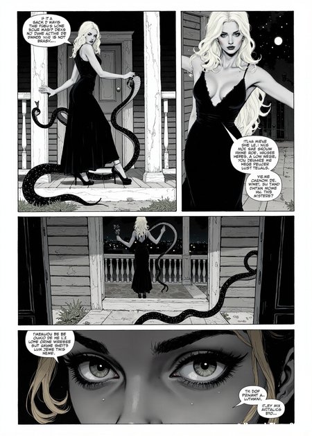 A graphic novel panel in stark black and white, reminiscent of classic comic book noir, depicting a series of interconnected scenes. The central figure is a platinum blonde woman in a flowing black dress and high heels, posed elegantly on a porch. The first scene shows her stepping onto the porch, a large, stylized serpent coiled at her feet. The second shows her leaning against a weathered porch pillar, the snake now subtly entwined with the fabric of her dress. The third is a close-up of her face, her expression a blend of serenity and intense focus, the snake's head visible just behind her. The fourth scene depicts her inside the house, a classic gray clapboard structure, viewed through the window, performing a ritualistic dance with the snake in the dimly lit room. Dialogue bubbles contain fragments of untranslated text, interspersed with English words like "Sophistication," "Primal," and "Embrace." The overall tone explores the convergence of high society and primal instinct, a dangerous elegance. The snake is a recurring motif, symbolizing a hidden, untamed aspect of the woman's personality. The dramatic lighting and high-contrast palette enhance the visual narrative, hinting at a hidden world beneath the surface. The final panel is a close-up of the woman's eyes, reflecting both the city lights and the serpentine coils, suggesting a captivating mystery. <lora:_Flux\_Painting\Erotic Comic F.safetensors:1.2:1.2>