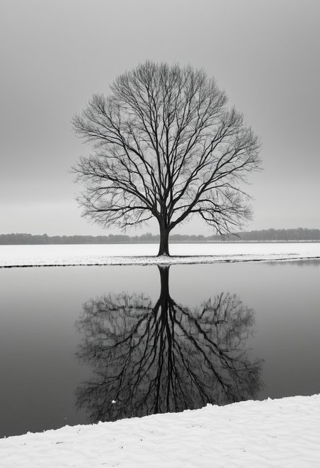 ((sideview)), masterpiece, high quality, RAW photo, reflection, outdoors, no humans, monochrome, scenery, water lake, bare tree, boat, photo, serene, snow-covered winter landscape. solitary tree standing on a thin strip of land, which is the only visible vegetation The tree, devoid of leaves, is tall and bare, its branches reaching out in a symmetrical pattern, creating a stark silhouette against the pale, overcast sky. ground is blanketed in a thick layer of snow, creating a pristine, white expanse that extends from the tree towards the viewer., photorealistic, 8K, highly detailed, (snowing)