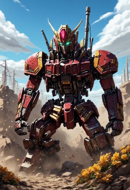 The gundam is a mobile suit mecha, it is heavily damaged and broken. It is from the anime Mobile Suit Gundam
The Gundam robot is rusted and broken, exposed wires and mechanic parts are sparking and on fire, one of the Gundams eyes glows red and the rest of its face is damaged. The gundam is missing an arm and kneels on a deserted battlefield. dust, debris and smoke surround the gundam. yellow flowers grow in the dirt