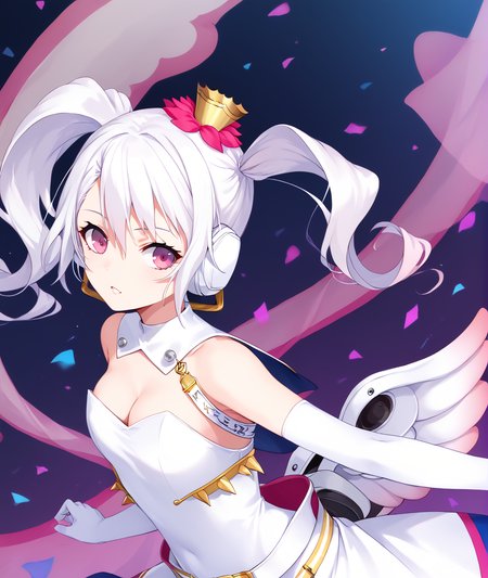 score_9, score_8_up, score_7_up, source_anime,  BREAK
masterpiece, best quality,
1girl, solo, mu (caligula), gradient hair, pink eyes, asymmetrical twintails, mini crown, hair flower, behind-the-head headphones,
elbow gloves, white gloves, strapless leotard, white leotard, white capelet, multicolored ribbon, low wings, gradient wings, white skirt, object in clothes, detached collar, belt, cleavage,
upper body, concert stage
(masterpiece, best quality:1),
<lora:tce-mu.pdxl-000010:1>