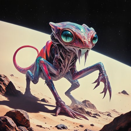 creature focus, full view, hyper-realistic, photo-realistic, very aesthetic, extraordinary and otherworldly scenery on a distant planet, extremely detailed, ultra high resolution, famous artwork inspired by lars grant-west and maurice sapiro, 1990s sci-fi style, the agile "restless fifferjorgle" flibbers with its squibbering eyes and iconic translucent tail, the image shows it cautiously crinkbubbling on a warbletwirl amidst one of the surreal dreamscape mountain ranges of planet "flatooine vii",a creature with symmetrical anatomy, dappled lighting, golden ratio, the color palette is predominantly light beige and mint green and navy blue and scarlet and indigo purple and ebony black, ovg, arsmoviestill, dndgr41nyb0yz style, <lora:image_enhancer-flux-by_dever:0.8> <lora:style-80s_fantasy_movie-v3-flux-by_arsmachina:0.92> <lora:style-dnd_grainyboyz-romulus-flux-by_kimwithdapuss:0.48>
