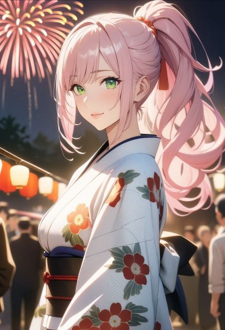 1woman, solo, long hair, pink hair, black choker, green eyes, eyeliner,  gorgeous lips, squats, ponytail, kimono, floral print, hair flaps, yukata, white kimono, japanes festival, night, aerial fireworks, light smile, looking at viewer
(anime, masterpiece, intricate:1.3), (best quality, hires textures, high detail:1.2), (4k),(incredibly detailed:1.4), perfect anatomy, graceful face, slim, pointed nose, (nostrils:1.3), gorgeous lips, UHD, 8K, ultra detailed, a cinematic photograph of HDR photo of Closeup photo of a beautiful natural 27-year-old woman,