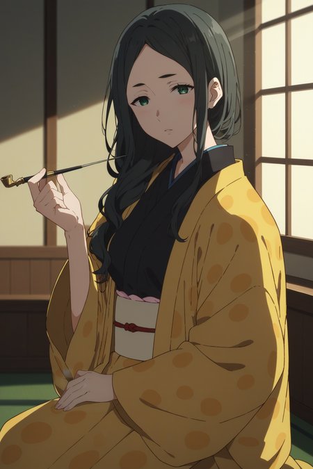 score_9, score_8_up, score_7_up, source_anime, 1girl, prefect lighting, very aesthetic, intricate details, highly detailed background, masterpiece, high quality, prefect hands, best quality, solo,
<lora:Ayaka_Shindou_Beyond_The_Boundary_V1:.85>, KJOayaka, parted bangs, thick eyebrows, black hair, green eyes, over shoulder hair, sidelocks,
Yellow kimono, polka dot print, long sleeves, wide sleeves, white sash,
wariza, kneeling, holding smoking pipe, head tilt, blush, expressionless, parted lips, hand up, 
east asian architecture, living room, sunset, backlighting, light rays,
(Beautiful, medium Breasts:1.2), natural breasts,