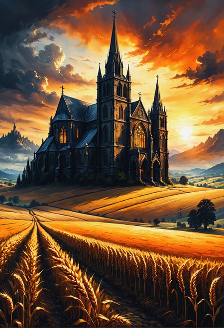 dark souls gothic scary style cinematic 16k resolution masterpiece illustration painting consisting of oil, watercolors and ink gothic church sunset golden orange sky white cloudscape mountains wheat field hyper details extreme details make masterpiece make perfect beautiful hyper details 8k intricate motifs perfect composition insanely-detailed extreme-detailed hyper-detailed volumetric deep rich colors volumetric lighting shadows Ray tracing, abstract art complementary colors fine details<lora:xl_more_art-full_v1:0.3>