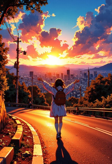 A girl with a backpack walks along a winding road, arms outstretched as if embracing the moment. The sun sets behind a sprawling city skyline, casting a warm golden glow across the scene. The sky is painted with vibrant hues of orange, pink, and deep blue, with scattered clouds reflecting the last light of the day. The road is slightly worn, with double yellow lines leading towards the horizon. Silhouettes of distant mountains frame the background, while utility poles and trees add depth to the composition. The atmosphere is nostalgic and peaceful, capturing the beauty of urban life blending with nature.