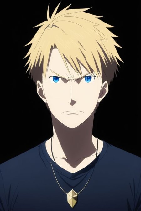 high resolution, solo, best quality, 1Boy, Yamato Ishida, Blond Hair, Blue Eyes, Necklace, potrait, dark shirt, looking at viewer, focused gaze forward, simple background, straight body, upper body, head upright, anger, OverallDetail