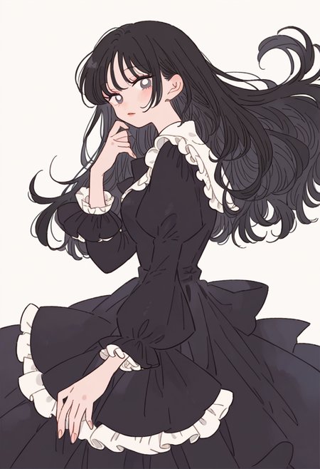 score_9, score_8_up, score_7_up, score_6_up, source_anime, <lora:rikuwo_v0.3-pony:1>
1girl, long hair, black hair, looking at viewer, 
frilled dress, simple background,