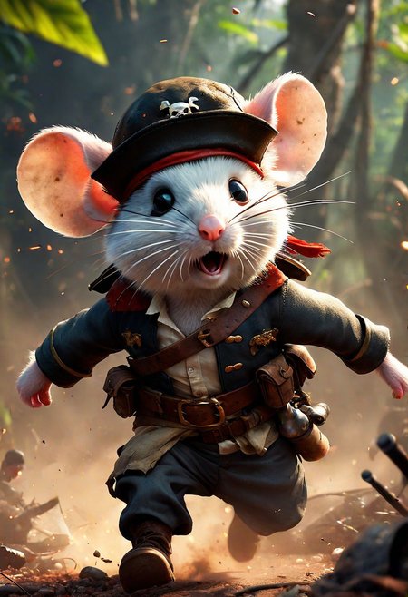 adorable fluffy mouse pirate eyepatch, Scene from Rambo movie, mouse with The granade in the jungle, explosion, action scene, war chronicles, award winning masterpiece 8k artstation