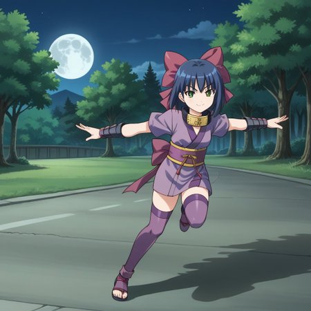 1girl, solo, hazukini, short hair, blue hair, green eyes, headband around neck, short kimono, armguards, bow, hair bow, purple thighhighs, japanese clothes, ninja, outdoors, night, full body, smile, smug, trees, path, moon, running, arms behind back, arms straight, arms, outstretched arms, intense, dynamic pose, meme, from side,