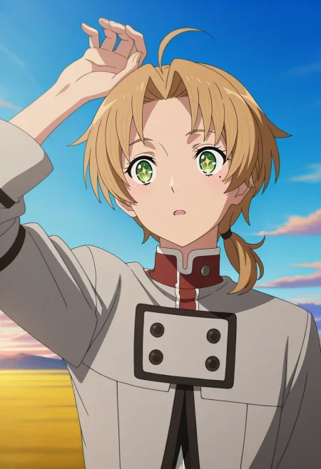masterpiece, best quality, , anime screencap, anime coloring, , , 1boy, solo, male focus, <lora:rudeus_greyrat_ilxl:1>, rudeus_greyrat, blonde hair, green eyes, short hair, bangs, parted bangs, ahoge, low ponytail, upper body, prairie, dawn, arm up, sparkling eyes,
