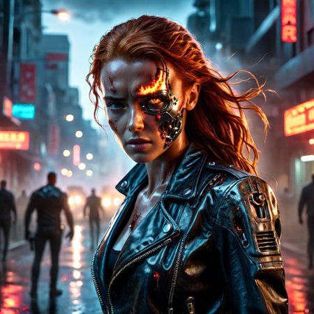 Ultra-realistic high resolution image of a beautiful Terminator, 8k, capturing the intensity of the moment, cinematic lighting, standing on a mysterious street in a fighting pose, wavy red hair, realistic face, half of her bloody face smashed in to reveal a metallic robotic skull, realistic red robotic eye, one human eye, fire, intricately designed leather jacket, tight top and jeans, aesthetic of Terminator movies, perfect athletic figure, beautiful Sadie Sink as Terminator, fire, ultra-realistic, cinematic style, athletic figure, sci-fi, dramatic lighting, wet and sweaty skin, dirty bloody skin, athletic figure, dramatic lighting, Greg Rutkowski style, hyper-detailed, hyper-realistic, bright colors, Attractive 25 year old girl, Attractive, beautiful solid body, sharp focus, digital painting, Photo taken on Nikon D750, Alphonse Mucha, 8K, athletic figure, Hyperdetailed, hyperrealism, Attractive, Attractive busty girl, asymmetrical balance