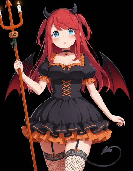 <lora:Theresia van Astrea Illu:1>
theresi4, 1girl, trident, red hair,  halloween costume, fake horns, jack-o'-lantern, demon wings, blue eyes, fishnet thighhighs, garter straps, medium breasts, cowboy shot, blush, open mouth, looking at viewer, holding weapon, fishnets, polearm, black dress, candle, puffy short sleeves, bat (animal), pumpkin,  demon horns, frills, two side up, demon tail, puffy sleeves, hairband, collarbone, frilled dress, standing, bat wings, choker, :o, zettai ryouiki, demon girl,
simple background,black background,, masterpiece, best quality, amazing quality