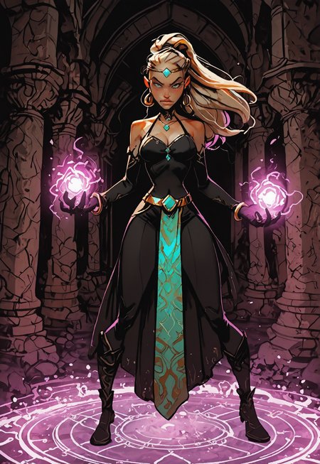 MythAn1m3, INCASE Style,   Title: "Vivid Digital Artwork - Female Character in Fantasy Setting"  Art Style: A vivid, fantasy-themed digital artwork featuring intricate details, high levels of realism, and a blend of classical architecture with modern digital art aesthetics. The style emphasizes a serene and mystical atmosphere.  Subject & Details: The main subject is a female character with long, flowing white hair and striking blue eyes. She is adorned in a white halter-necked outfit with a golden belt and green gemstones, complemented by a choker necklace. The character is depicted in a dynamic pose, with one hand extended, holding a glowing, circular object that emits radiant green energy.  Visual Elements: The female character's long, flowing white hair, striking blue eyes, and ornate attire contribute to the fantasy atmosphere of the image. The glowing, circular object and the intricate patterns in the background add depth and visual interest. The overall color palette is dominated by shades of white, gold, and green, creating a serene and mystical mood.  Composition: The composition focuses on the dynamic pose and intricate details of the female character, with the glowing, circular object and the classical architecture in the background adding depth and visual interest. Attention to detail in the character's facial expressions, body language, and physical characteristics helps create an immersive experience that tells a story or evokes emotions without relying on text. The overall color palette and high level of realism add depth and visual appeal to the image while emphasizing the fantasy setting.  Additional Details: The vivid digital artwork features a female character in a fantasy setting, with a focus on intricate details, high levels of realism, and a blend of classical architecture with modern digital art aesthetics. The serene and mystical atmosphere created by the color palette and overall composition invites viewers to explore the depths of the image and engage with its fantastical elements. 1girl, solo, long_hair, breasts, looking_at_viewer, large_breasts, blonde_hair, gloves, navel, cleavage, jewelry, bare_shoulders, standing, green_eyes, collarbone, full_body, white_hair, ponytail, thighs, earrings, boots, black_gloves, choker, elbow_gloves, bracelet, from_above, pelvic_curtain, circlet, magic, magic_circle