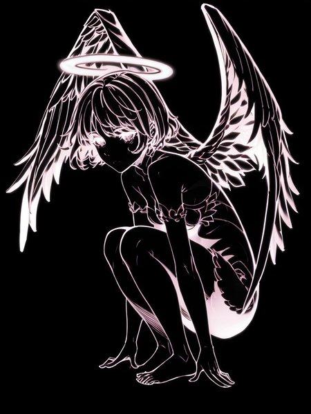 score_9, score_8_up, score_7_up, score_6_up, score_5_up,  <lora:neonXLP:1> neon, solo, wings, halo, angel, monochrome, 1girl, squatting, short hair, black background, angel wings, barefoot, simple background