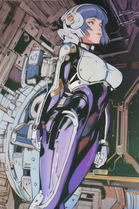 2d artwork, line artwork, comic aesthetics, 1girl, gorgeous, spacesuit mech, looking at viewer, surreal, breathtaking high-tech hardware background, line noise, ancient, retrofuturism, old comic paper, 1girl, beautiful face, spacesuit mech, short hair,