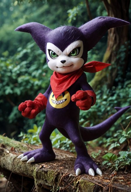 score_9, score_8_up, score_7_up, score_6_up, impmon, digimon (creature), solo, purple skin, green eyes, red bandana, red gloves, tail, realistic