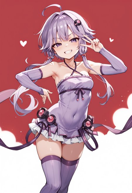 score_9_up, score_8_up, score_7_up,
 <lora:YuzukiYukari_Uzai_V1:1>
yuzuki yukari, purple eyes, purple hair, ahoge, bangs, short hair with long locks, hair intakes, hair ornament, small breasts, 
collarbone, criss-cross halter, breasts, halterneck, covered navel, bare shoulders, 
sleeveless dress, purple dress,  halter dress, Long sleeve, purple sleeve, zettai ryouiki, ribbon, thighs, sleeveless,  purple thighhighs, frills, 
smug, smirk, blush, teeth, peace sign, double peace sign,
red background, simple bacground,,
(mature female:1), huge brests:1,