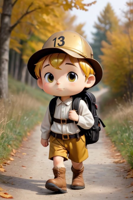 a cute little
front view small golden boy  pilgrim with backpack walking with a walking number 13 in the  cap