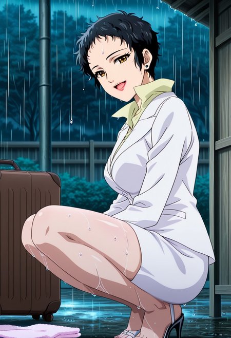 best quality, masterpiece, anime screencap, anime coloring, ultra detailed, source_anime, intricate details, perfect anatomy, looking at viewer,
haskata ren, black hair, short hair, very short hair, brown eyes,  lips, lipstick, jewelry, earrings, makeup, breasts, large breasts, smile, open mouth, big smile, large smile,
formal, suit, white suit, skirt, pencil skirt, white skirt, shirt, yellow shirt, collared shirt, stand-up collar,
outdoors, dim lighting, dimly lit shed, kneeling, sitting, center of image, upper body, facing viewer, legs spread, bare feet and bare toes, toenails painted black, high heels, background, suitcase, wooden shelf, texture, rain, water drops, towel, wet, drizzle, (from side:1.3)
