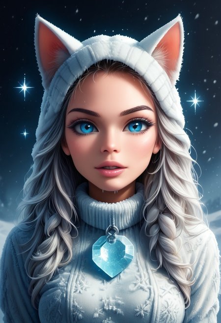32k, cphotorealistic:1.4, score_9, score_8_up, score_7_up, semi side view, Cambodian woman, long hair, huge boobs, small waist, fitness body, toned muscle, wide hips, An extreme photorealistic upper body shot of a cat girl with mesmerizing golden eyes and slit pupils. She has long, flowing two-tone hair, white and black, with striking, unrealistic beauty. Her pink lips curve slightly to reveal sharp fangs, and her long fingernails are a key feature of her sleek cat suit. Include tiny imperfections like pores, faint freckles, and slight skin texture variations to add realism. Realistic lip texture with soft lines, slight gloss, and natural color variation. Realistically detailed tear ducts, slightly moist, enhancing the natural appearance of the eyes. Faint, barely visible veins under the eyes, adding depth and authenticity to the skin. Individually rendered eyebrow hairs with natural variation in direction, length, and thickness. Variation in hair strand thickness, with some thinner and finer than others. Detailed texture on the red cat suit, showing the weave or material pattern, such as leather, spandex, or velvet. Shadows that move with the character, responding to her position and the light source accurately, 28 YEARS OLD, wrinkles, cat girl, crystal, gem, sparkle, BLUE EYES, CAT EYES, denise, catgirl, disney castle, lively, luminescent, Majestic castle, big eyes, fr0stwrld, snow, ice,.