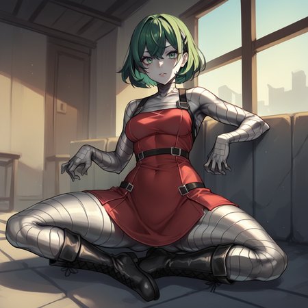 zPDXL2,score_9, score_8_up, score_7_up, score_6_up, score_5_up, score_4_up, solo, indoors, looking at viewer,1girl, solo, red dress, black boots, short green hair,  <lora:Metallic_Skin:0.8> m3t4l, metallic skin,