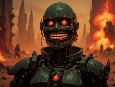 In the style of ckcc, a fearsome woman templar stands in the midst of a smoldering medieval battlefield, her plastic cyborg mask split open to reveal the intricate, whirring mechanical components beneath. Her face is an unsettling fusion of cold steel and organic horror, with lifelike human-like teeth ral-rbotth gleaming eerily inside her artificial mouth, their unnatural perfection contrasting with the exposed gears and servos twitching behind them. Clad in futuristic, battle-worn templar armor fused with cybernetic enhancements, she surveys the destruction with an unsettling stillness, her synthetic eyes devoid of mercy. The scene, ripped straight from the epic movie Ghost in Armor, captures the terrifying fusion of medieval brutality and high-tech horror.
<lora:ral-rbotth-flux:0.75> <lora:ck-chromatic-crusade_r1:0.95>