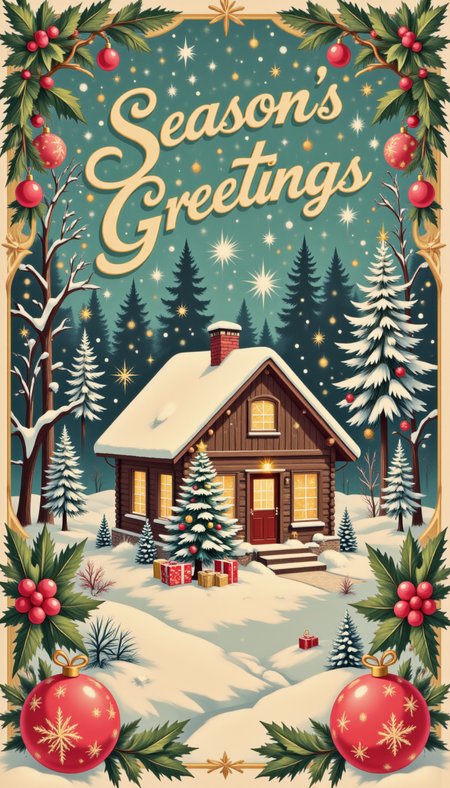 <lora:PinkieClassicChristmasFLUX:1>, pinkclassicchristmas, A retro vintage illustration of a Christmas Eve scene featuring a cozy, snow-covered cabin in the woods, with a brightly glowing window revealing a decorated tree inside. The illustration is framed by ornate holly leaves, red berries, and golden snowflakes, with a painterly style that blends muted greens, deep reds, and soft whites. The text 'Season's Greetings' in elegant, swirling gold script graces the top