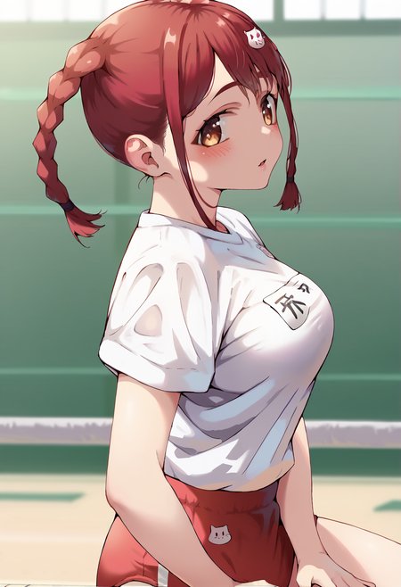 score_9, score_7_up, hd, (ultra hd quality details), source_anime, blurry background, blurry foreground,
solo, 1girl,
mamscho, red hair, twin braids, cat hair ornament, pink bow, brown eyes,
red buruma, gym uniform, medium breasts,
blush, looking at viewer,
sitting, from side, hand between legs,
<lora:_jonsun_style-elesico-pony-e12:1> <lora:tokonome_mamori-valkyrie drive-PonyXL:0.9>